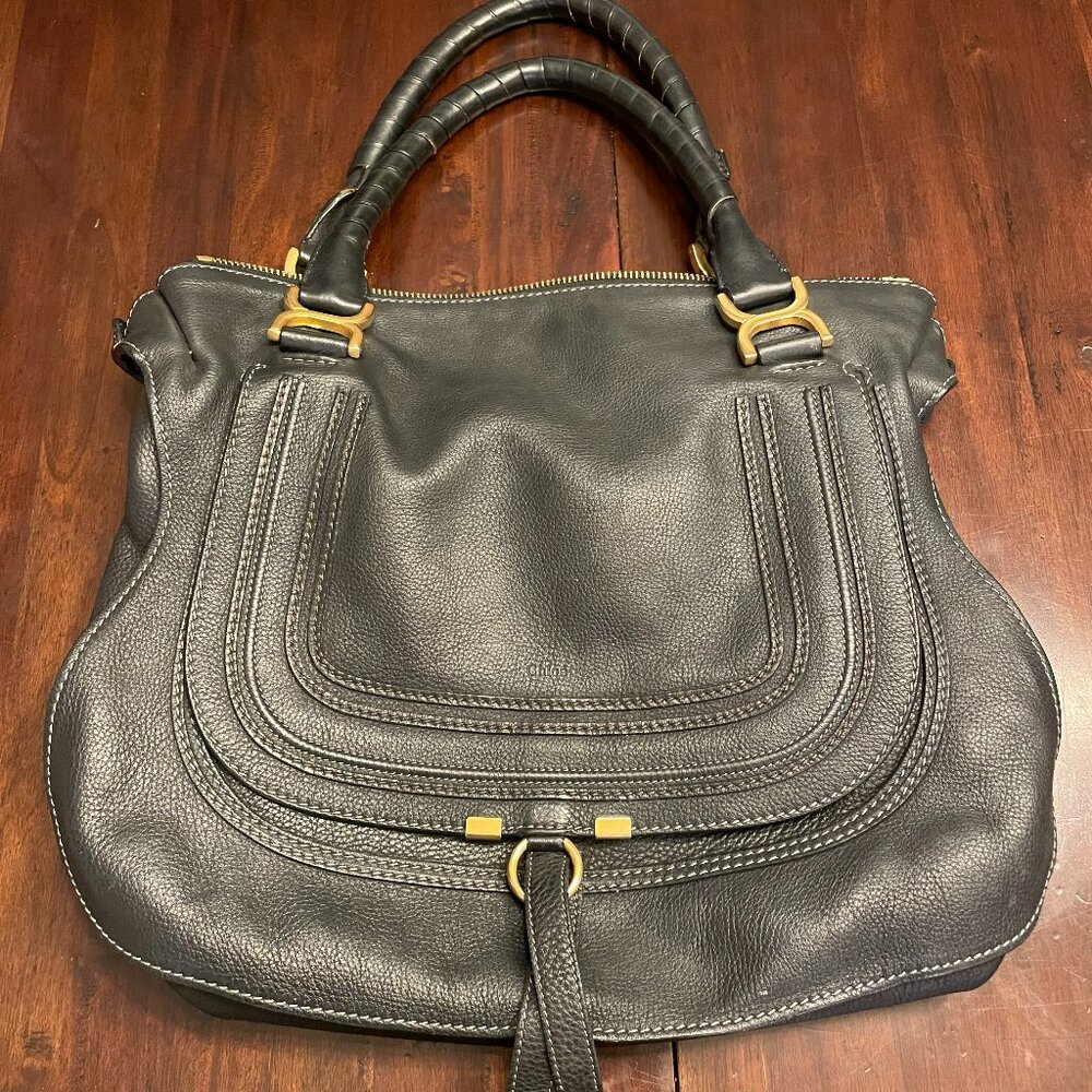 Chloe: Large Marcie Satchel: Navy blue with gold hardware